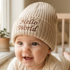 KW117: Baby Embroidered Hello World Knitted Hat- Beige (Newborn -3 Months)
